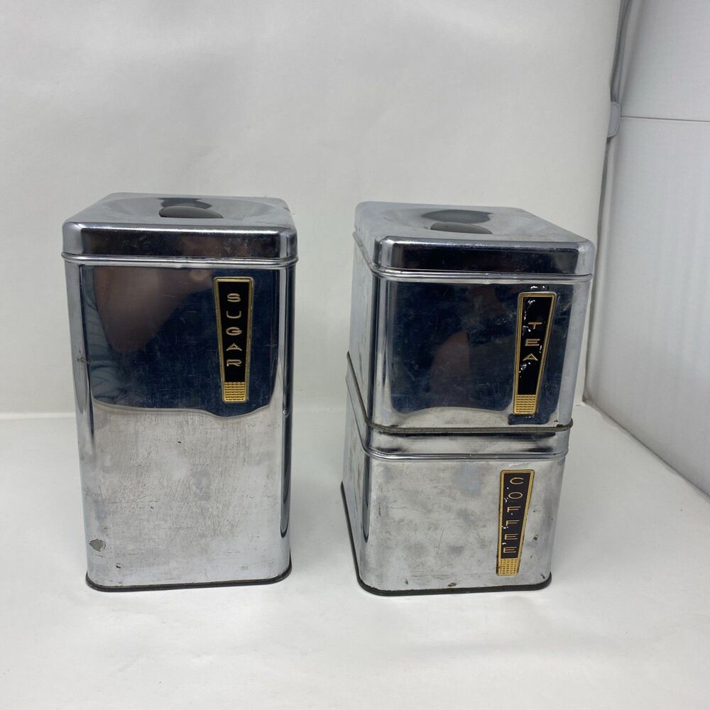 VTG Lincoln BeautyWare Canisters Set Of 3 Retro Kitchen MCM Chrome Stainless